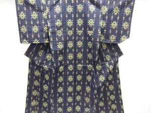 縞に抽象模様織り出し手織り紬単衣着物